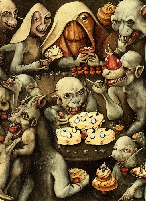 Image similar to medieval goblin eating cakes painted by hieronymus bosch, detailed digital art, trending on Artstation