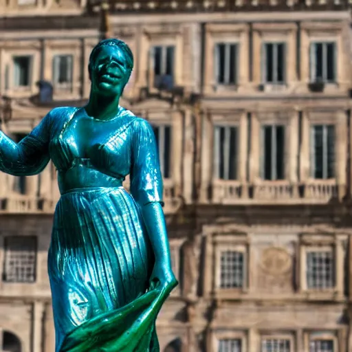 Prompt: An iridescent statue of a woman, in a Roman city