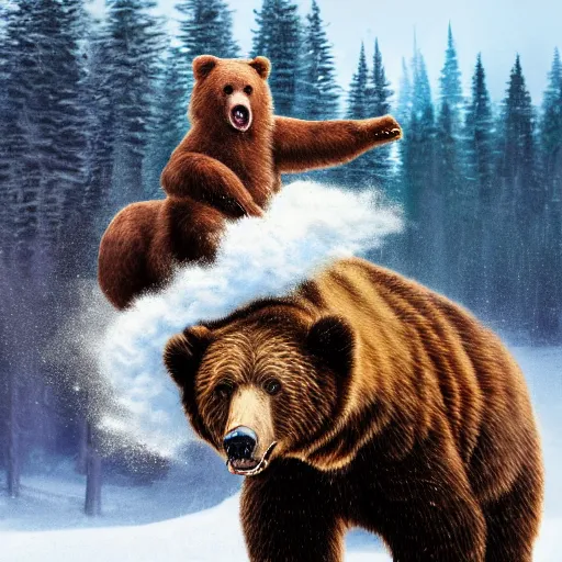 Image similar to a photo of bob ross riding on the back of a brown bear, outdoor, hyperrealistic, shutterstock contest winner, digital art, national geographic photo