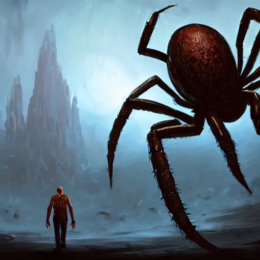 Prompt: a man standing in front of a giant spider, concept art by jason a. engle, cgsociety, fantasy art, concept art, lovecraftian, apocalypse art.