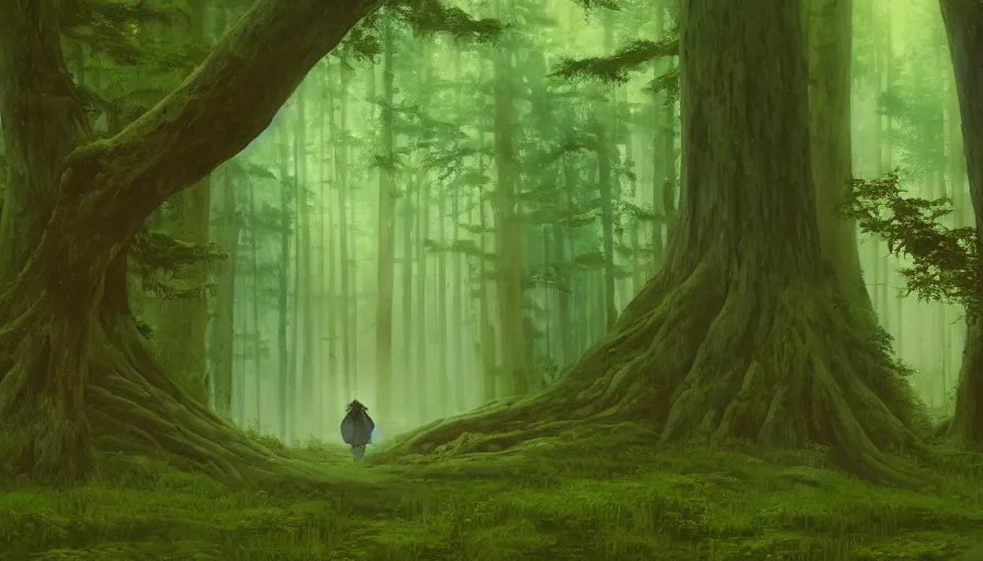 Image similar to beautiful ancient forest, matte painting, beautifully painted, beautiful lighting, enchanted forest, jeremy lipking, studio ghibli, princess mononoke, 8 k, rays of light, amazing detail, princess mononoke background paintings, hayao miyazaki, kazuo oga, enchanted lighting, high contrast, rule of thirds, bright green moss, japanese woodblock prints