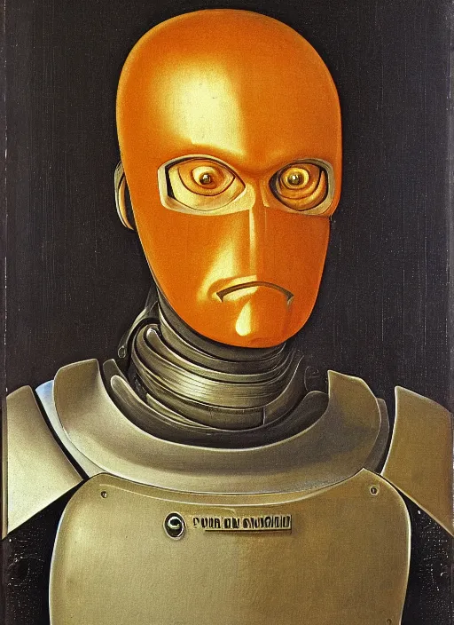 Image similar to a portrait of Robocop by Jan van Eyck