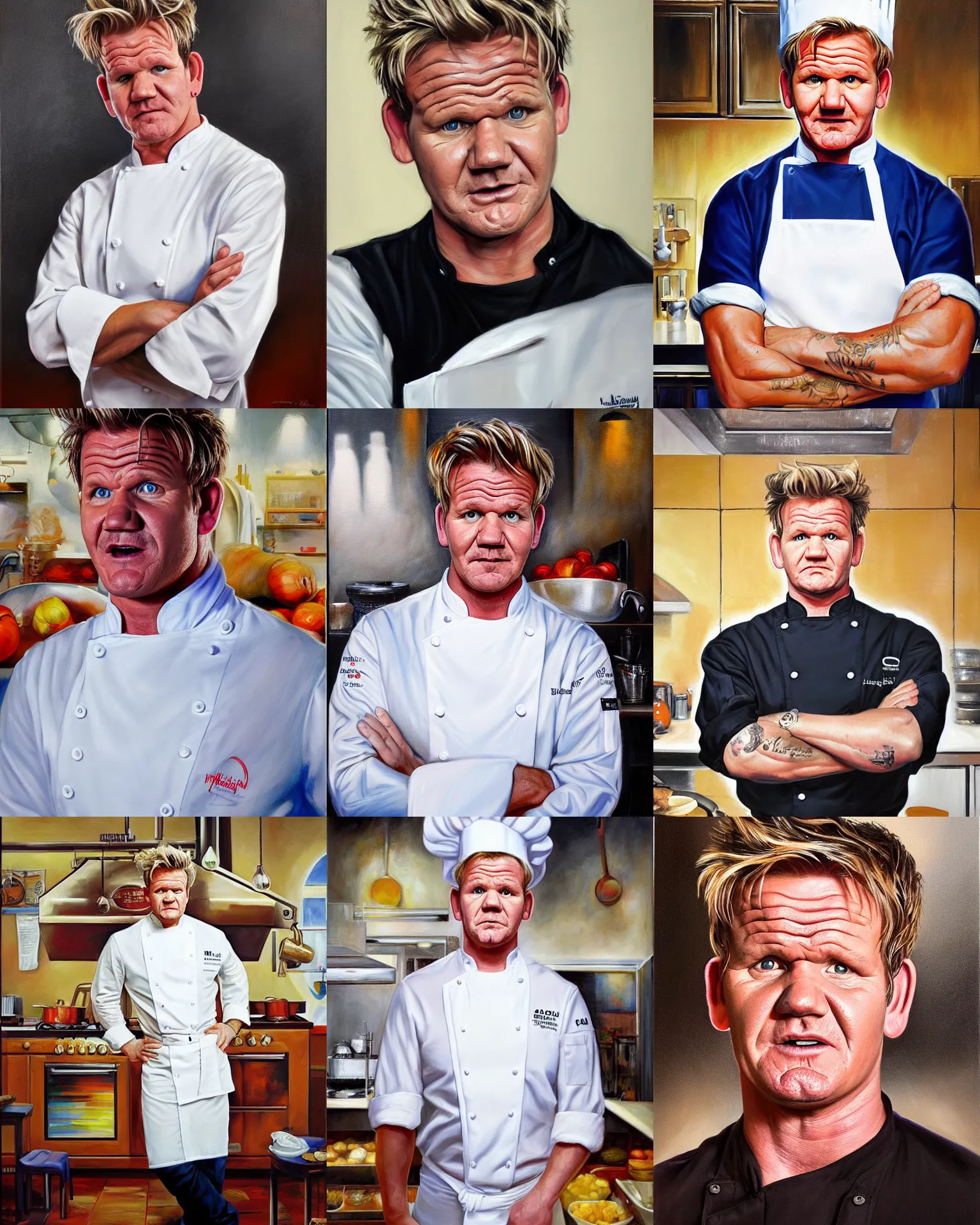Image similar to a medium full shot portrait of gordon ramsay in a chef uniform in a kitchen, a fine art painting by mort kunstler, featured on deviantart, precisionism, oil on canvas, detailed painting, hyper realism