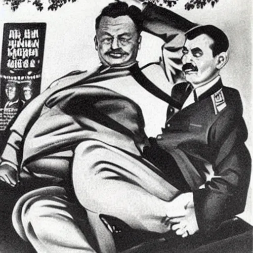 Image similar to hungarian prime minister viktor orban sitting in the lap of joseph stalin, soviet propaganda poster art from 1 9 5 0