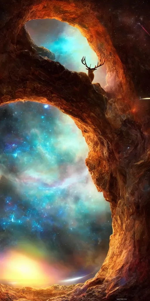 Image similar to a deer peering into a giant portal into the universe in the shape of a keyhole to the nebulae and galaxies, an eagle flying, beautiful matte painting by weta workshop 4 k, cinematic dramatic atmosphere, dramatic lighting, trending on artstation