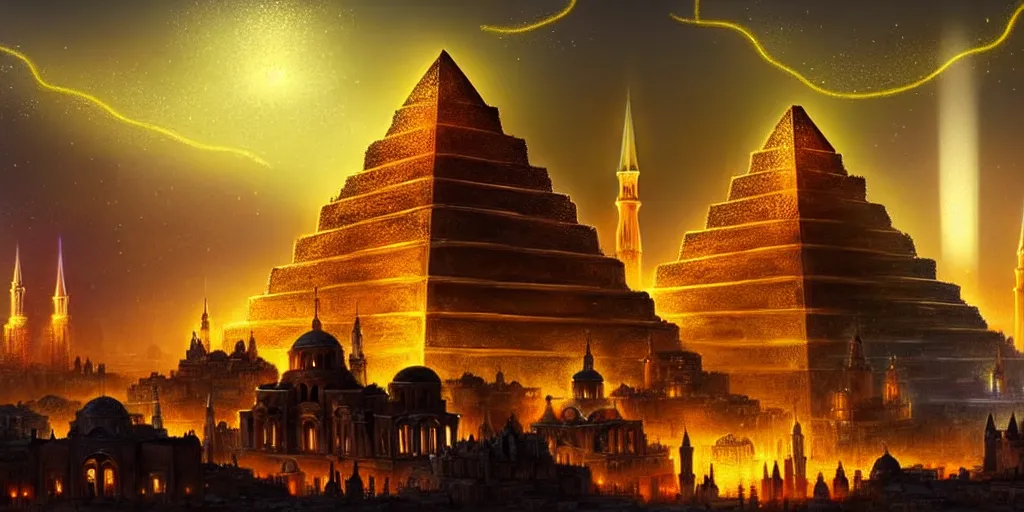 Image similar to magical city of the Great Tartarian Empire adorned with amazing lost technology, lighting resembling fireflies, spires from rooftops collecting and distributing etheric energy, the centerpiece of the city is a colossal ancient pyramid made of metal, cityscape, combining intense detail & utmost quality, Christian Hecker, Artstation, - H 832