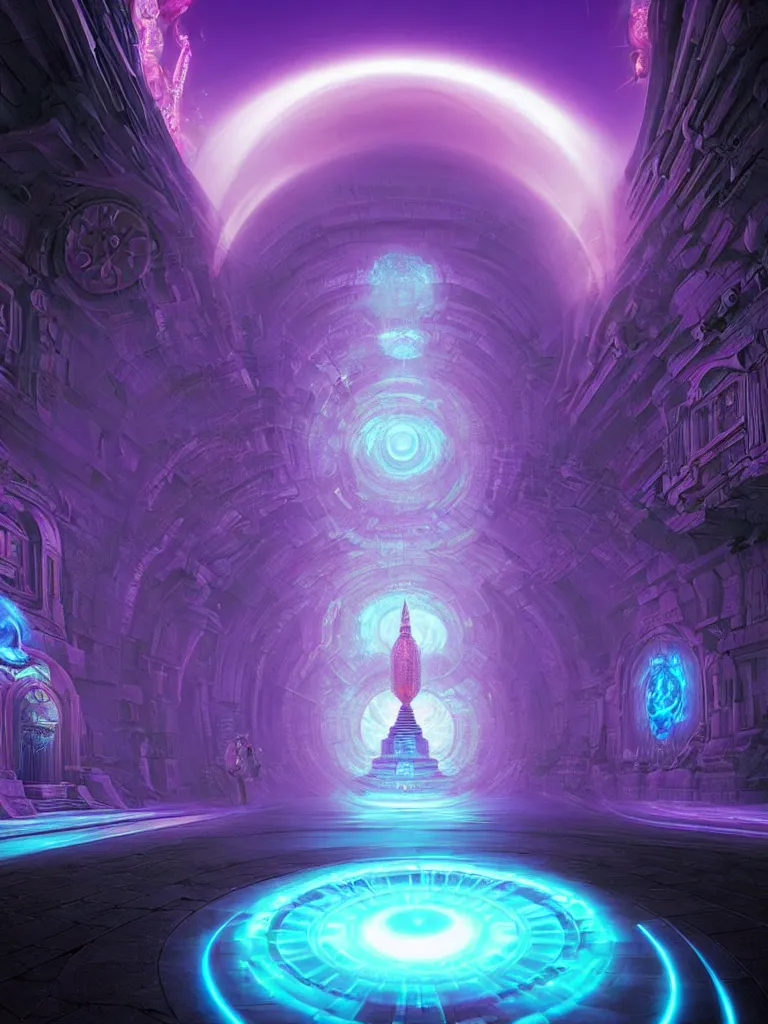 Image similar to entrance to ethereal realm, buda enlightenment, rendered in unreal engine, central composition, symmetrical composition, dreamy colorful cyberpunk colors, 6 point perspective, fantasy landscape with anthropomorphic!!! terrain!!! in the styles of igor morski, jim warren and rob gonsalves, intricate, hyperrealistic, volumetric lighting, neon ambiance, distinct horizon