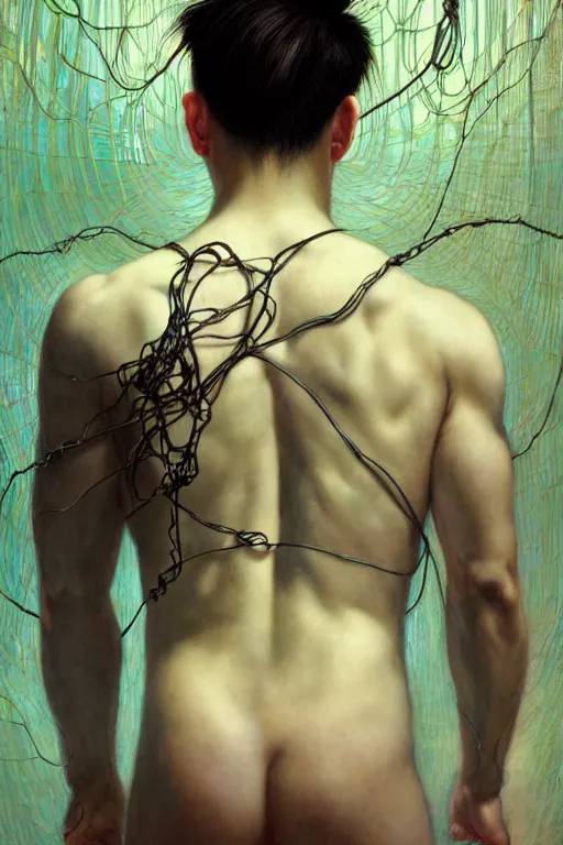 Image similar to hyperrealist portrait of the back of an attractive angelic asian man, it is decorated with long wires that fall like vines and wears small computers over their body. by jeremy mann and alphonse mucha, fantasy art, photo realistic, dynamic lighting, artstation, poster, volumetric lighting, very detailed faces, 4 k, award winning