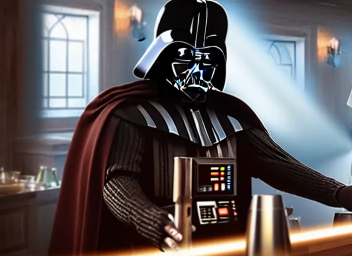 Prompt: film still of Darth Vader working as a bartender in the new Star Wars movie, 4k