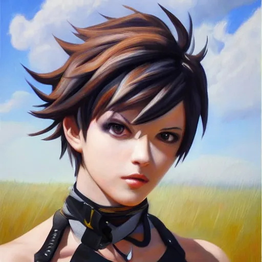 Image similar to oil painting of tracer overwatch in a field, in style of mark arian, expressive face, very detailed face, wearing black steel choker, very detailed eyes, full body, feminine face, detailed makeup on eyes,