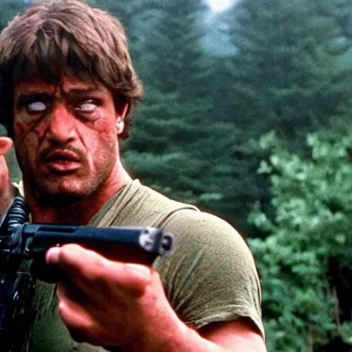 Prompt: A still of Garfield as Rambo in Rambo First Blood (1982)