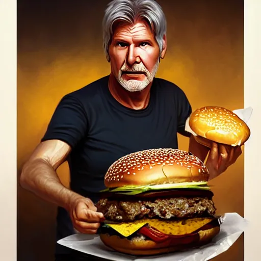 Prompt: portrait of Harrison Ford eating a giant hamburger , extra onions and ketchup, luscious patty with sesame seeds, feminine ethereal, handsome, D&D, fantasy, intricate, elegant, highly detailed, digital painting, artstation, concept art, matte, sharp focus, illustration, art by Artgerm and Greg Rutkowski and Alphonse Mucha