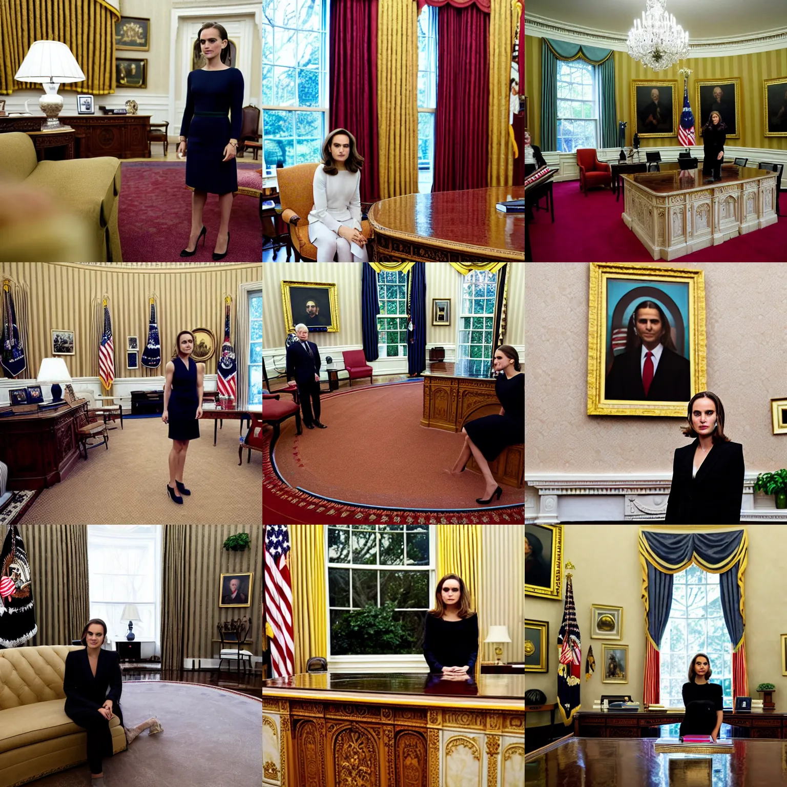 Prompt: portrait photo of president natalie portman in the oval office, photo by pete souza