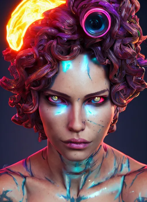 Image similar to glowwave portrait of curly hair muscular hot girl from borderlands 3, au naturel, hyper detailed, digital art, trending in artstation, cinematic lighting, studio quality, smooth render, unreal engine 5 rendered, octane rendered, art style by klimt and nixeu and ian sprigger and wlop and krenz cushart.