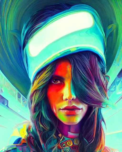 Image similar to colorful portrait of a brunette hippie, but set in the future 2 1 5 0 | highly detailed | very intricate | symmetrical | professional model | cinematic lighting | award - winning | painted by mandy jurgens | pan futurism, dystopian, bold psychedelic colors, cyberpunk, anime aesthestic | featured on artstation