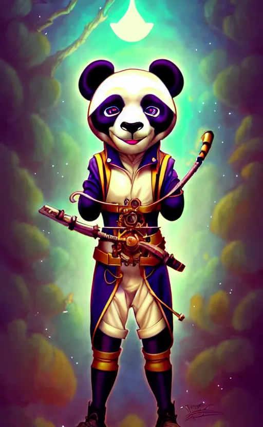 Image similar to don bluth, loish, artgerm, joshua middleton, steampunk, clockpunk anthropomorphic panda, full sailor suit, symmetrical eyes symmetrical face, colorful animation forest background