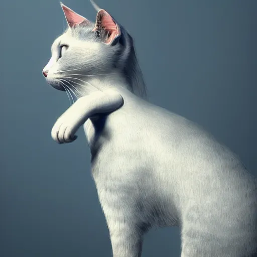 Image similar to A beautiful woman with blue short bob hair with bangs holding a grey and white cat, full body by Cedric Peyravernay, highly detailed, excellent composition, dramatic lighting, trending on ArtStation