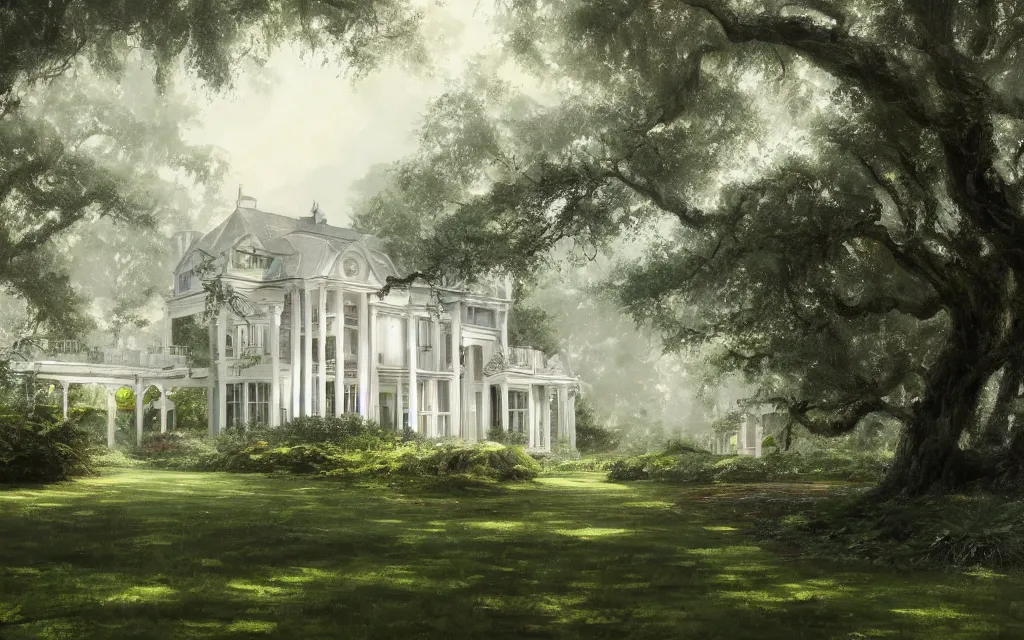 Image similar to a white manor house on a lush southern plantation with a tree-lined driveway, romanticism, hyperdetailed, artstation, cgsociety, 8k, masterpiece, sharp, fine art