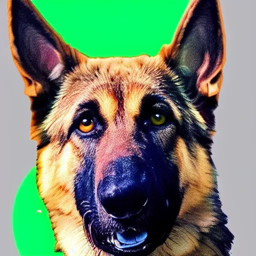 Prompt: a vapor wave german shepherd with a green collar night theme