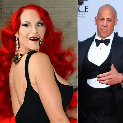Prompt: red carpet photos of Vin Diesel dressed as Jessica Rabbit in front of a DeLorean