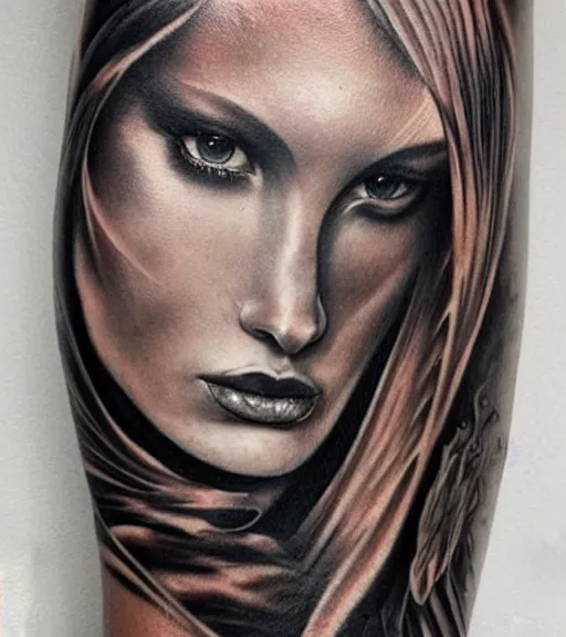 Image similar to tattoo design on white background of a beautiful girl warrior, hyper realistic, realism tattoo, by eliot kohek