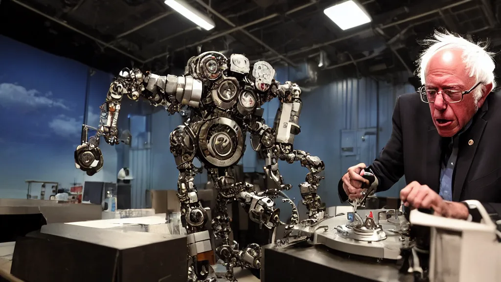 Image similar to bernie sanders putting the finishing touches on a ( ( cute ) ) clockwork doomsday robot, cinematic moody lighting, sharp focus, imax