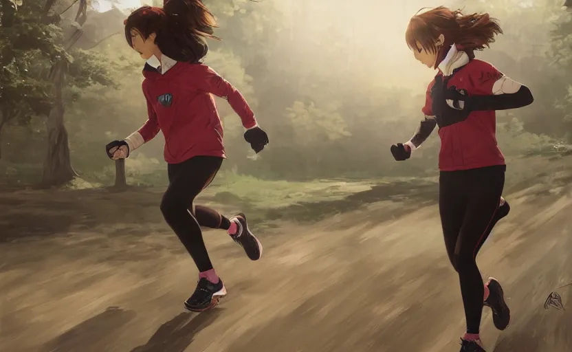 Image similar to a girl is running, red sport clothing, marathon, anime style, real face, brown short hair, hair down, from arknights, hyper realistic, rule of thirds, extreme detail, detailed 4 k drawing, safebooru, realistic lighting, by alphonse mucha, greg rutkowski, backlit