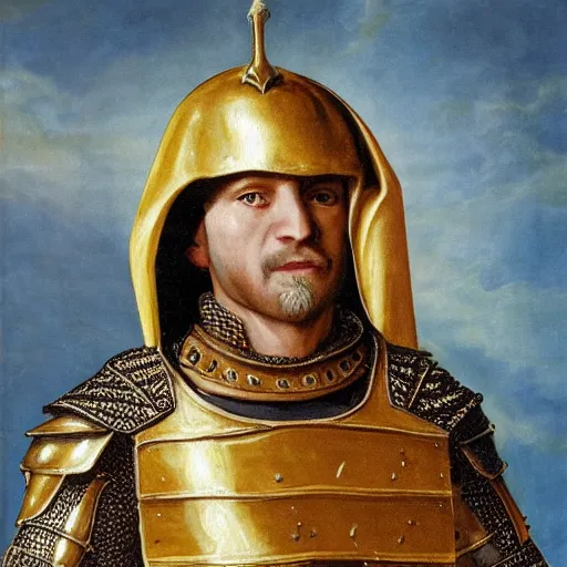 Image similar to man in 15 century decorated with gold crusader armor and cape with crusader insignia oil painting realistic
