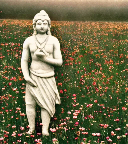 Prompt: mystical hindu god standing in tall meadow of flowers, distant, ww1 film photo, grainy, high detail, high resolution