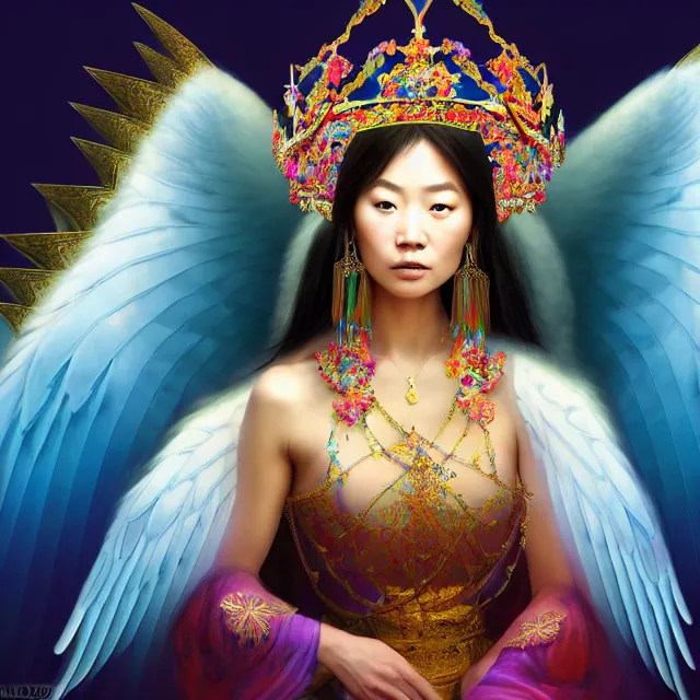 Image similar to beautiful 3 d render of an asian mongolian princess goddess with angelic wings in a sensual pose, princess wearing a crown with gemstones, near lake baikal, atmospheric lighting, painted, intricate, volumetric lighting, beautiful, rich deep colours masterpiece, sharp focus, highly saturated colors, ultra detailed, in the style of dan mumford and marc simonetti, astrophotography