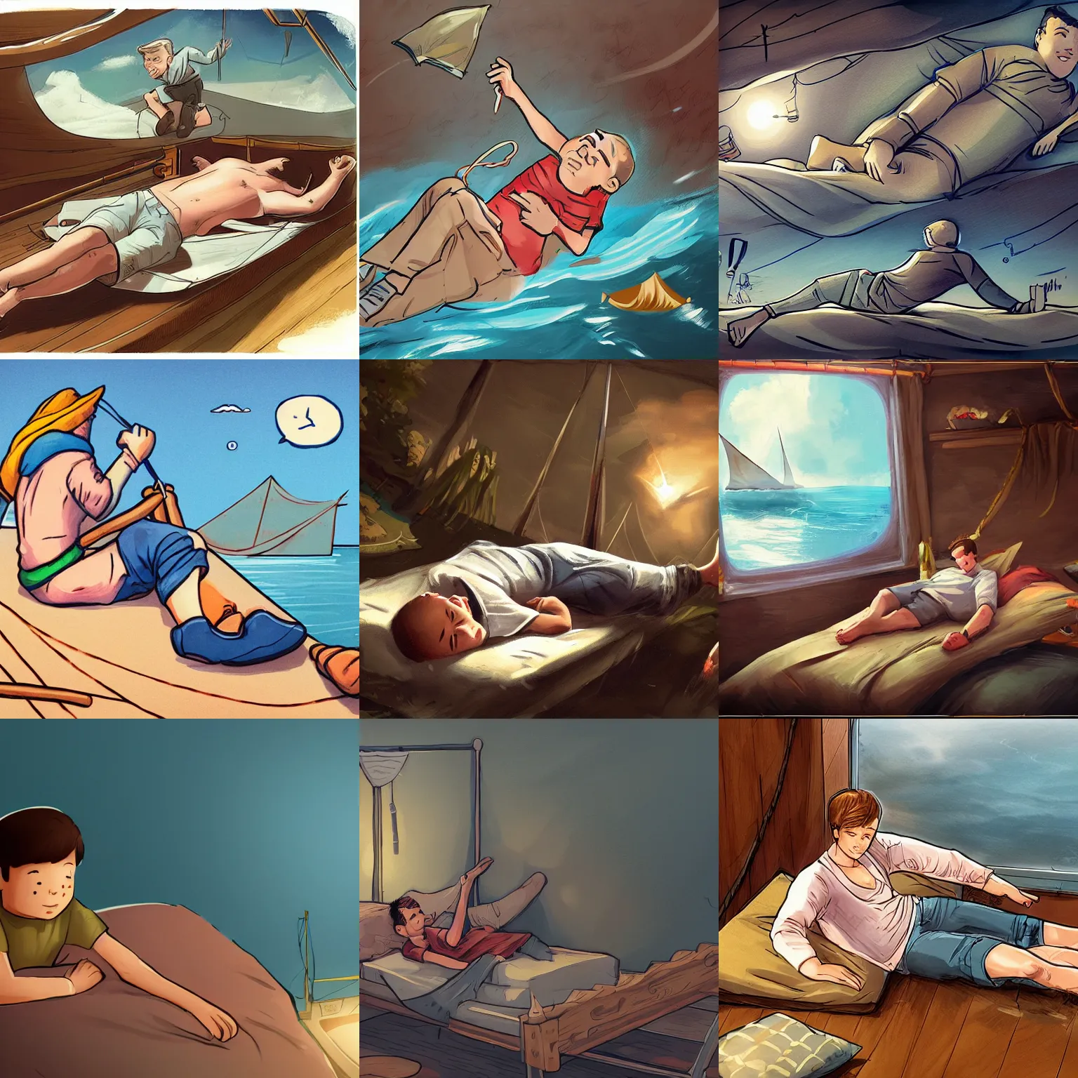 Prompt: Boy is lying on the bed, dreaming about sailing in speech balloon, featured on artstation, high-quality, concept art