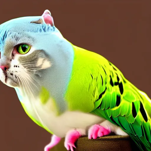 Prompt: a feline budgerigar - cat - hybrid, animal photography