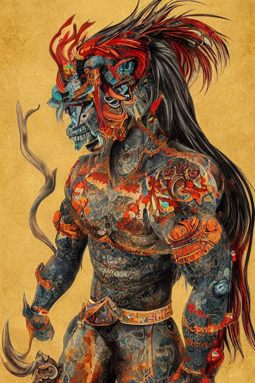 Image similar to beautiful Oni portrait, high detail, full body, mad painting