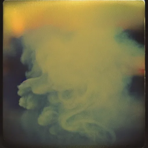 Image similar to polaroid of coloured smoke, gradient, texture, lomography, fluid dynamics, in darkness, dramatic lighting