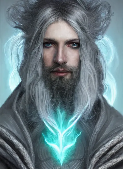 Prompt: Portrait of hexblade warlock aasimar, white glowing eyes, silver shaggy hair, short scruffy beard, cloak, teal ethereal tendril wings, male, fantasy, extremely detailed, digital painting, artstation, concept art, smooth, sharp focus, illustration, stunning lighting, art by artgerm and greg rutkowski and alphonse mucha and simon stalenhag, realistic character concept, high fantasy, light atmosphere, golden ratio, cinematic lighting, hyperdetailed, high resolution, insanely detailed and intricate, artstation, Marc Simonetti, Greg Rutkowski, 8k, 4k
