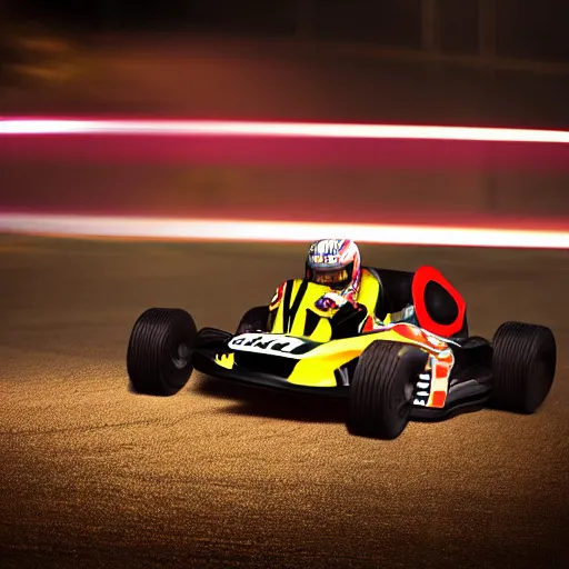 Prompt: go - kart racer taking a corner at speed on a race track, motion blur lights, laser, smoke, debris, fast movement, artistic angle shot, light streaks, dark mood, night time