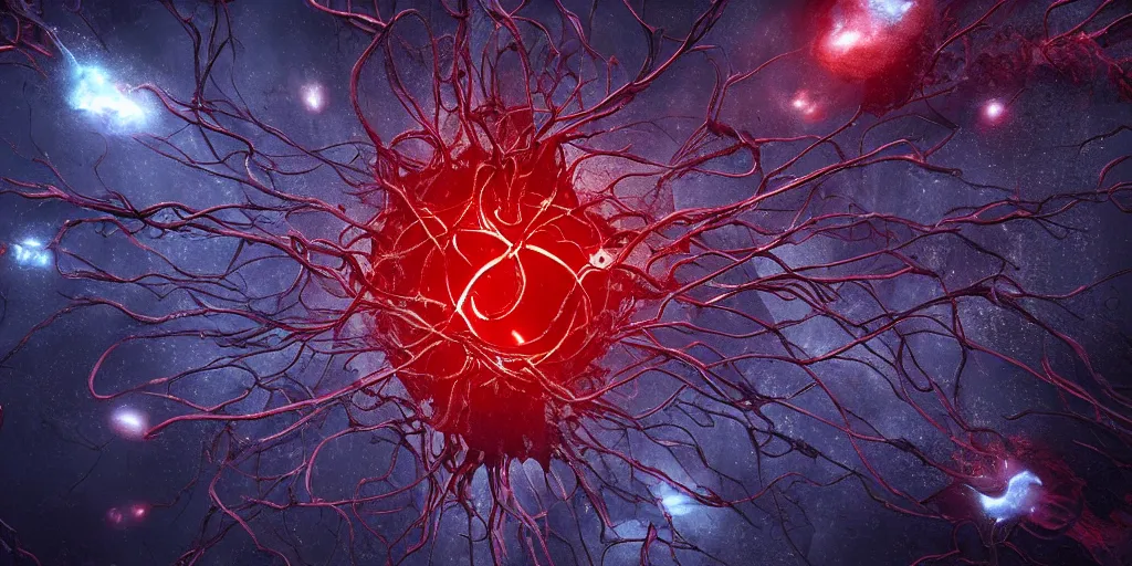 Image similar to A dark red neurological network spanning across the galaxy, blood, realistic heart in the centre, realistic 4k octane beautifully detailed render, 4k post-processing, highly detailed, intricate complexity, epic composition, magical atmosphere, cinematic lighting, masterpiece, ultra hd