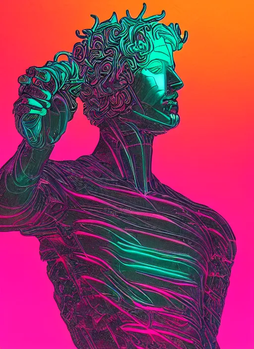 Image similar to statue of dionysus, beeple, android jones, dan mumford, vaporwave, retrowave, black background, neon wiring, black, glitch, strong contrast, cuts, pinterest, trending on artstation