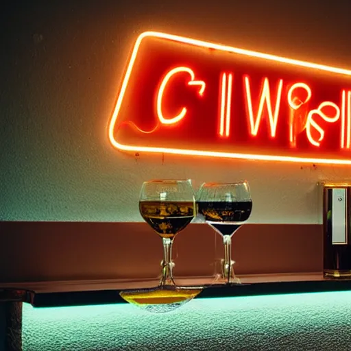 Prompt: the c and b words on a neon sign, futuristic style, with a wine and a fish, old bar style