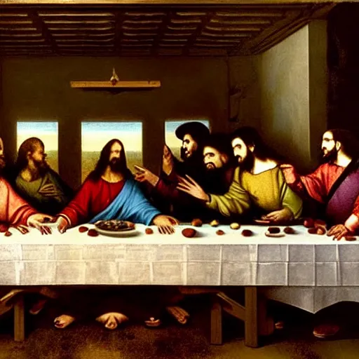 Prompt: the vampires from the show What we do in the shadows in the painting of the last supper by Leonard Da Vinci , photograph, ultrarealistic