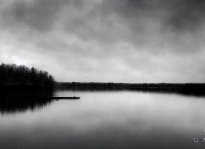 Prompt: lake by Andrei Tarkovsky, boat, mist, lomography photo effect, monochrome, noise grain film