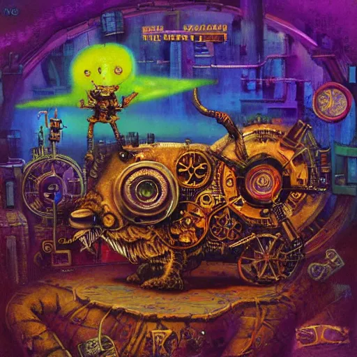 Image similar to steampunk rat, acid, 303, psychedelic, by paul lehr, cd cover