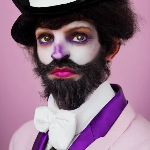 Image similar to a purple skinned tiefling with a goatee wearing a white suit and tophat, purple skin, goatee, by Monia Merlo