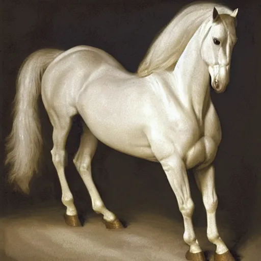 Image similar to an all white horse, with no facial features, like a white mask pulled over their face, full body laying in a blood red pool of water between a golden mirror frame, inspired by the bohemian grove sacrifice ritual and outside the mirror frame is a deep space, physically accurate, dynamic lighting, intricate, elegant, highly detailed, very very Roberto Ferri, sharp focus, very very unsettling, very terrifying, illustration, art