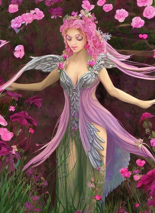 Image similar to full body d & d style of a pink beautiful fairy with large wings and flowing hair and beautiful face wearing clothing is exploring her flower garden, extremely detailed, 4 k