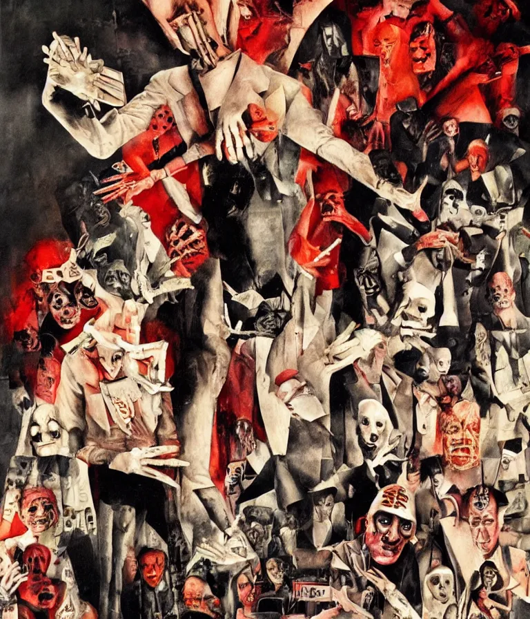 Image similar to Beautiful Dada Horror Movie Poster made for the film Nightmare on Elm Street (1984) starring Freddie Krueger, Dadaist!! collage and oil painting by George Grosz and Man Ray, trending on artstation dramatic lighting dada collage 8k