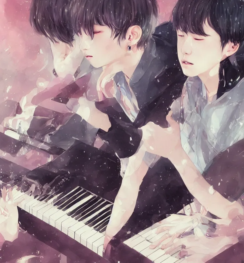 Prompt: YOONGI from bangtan sonyeondan: playing piano+ ROSSDRAWS+ CGSOCIETY+JAMES JEAN+WLOP