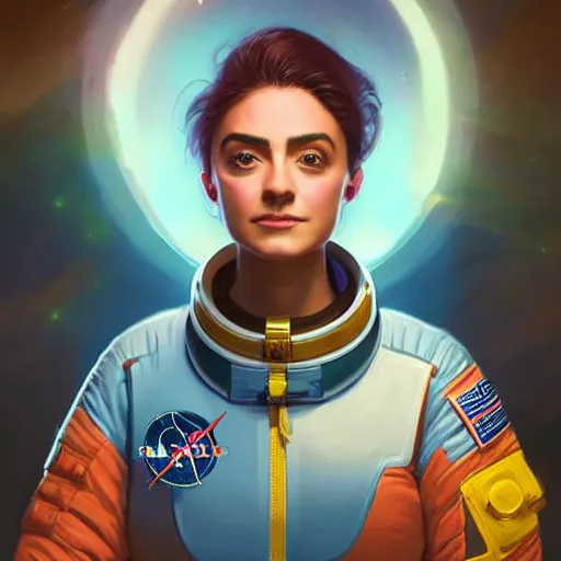 Image similar to female astronaut portrait, maya ali mage, gloomhaven, dynamic lighting, gaudy colors, octane render aesthetic, matte painting concept art, official fanart behance hd artstation by jesper ejsing, by rhads and makoto shinkai and lois van baarle and ilya kuvshinov and rossdraws