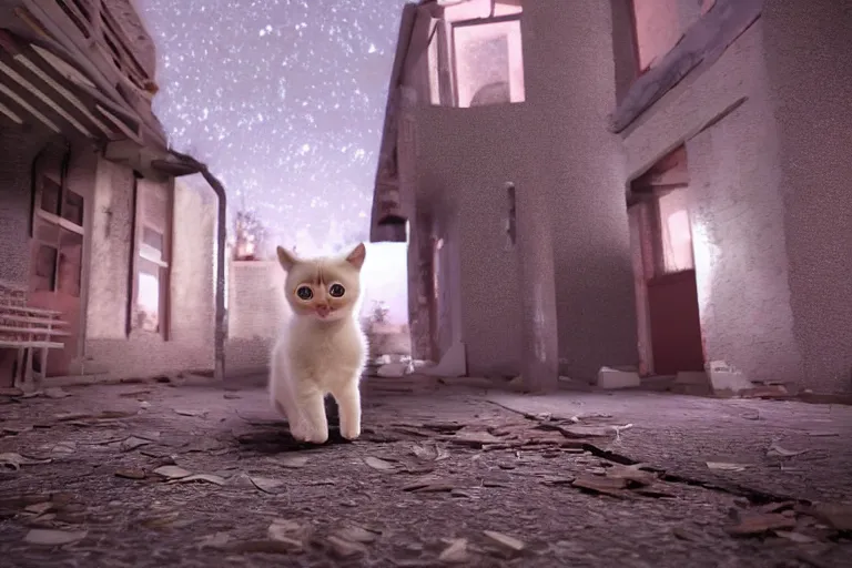 Image similar to a cute kitten on an adventure through an abandoned town in the night, 3d scene, render, ultra realistic