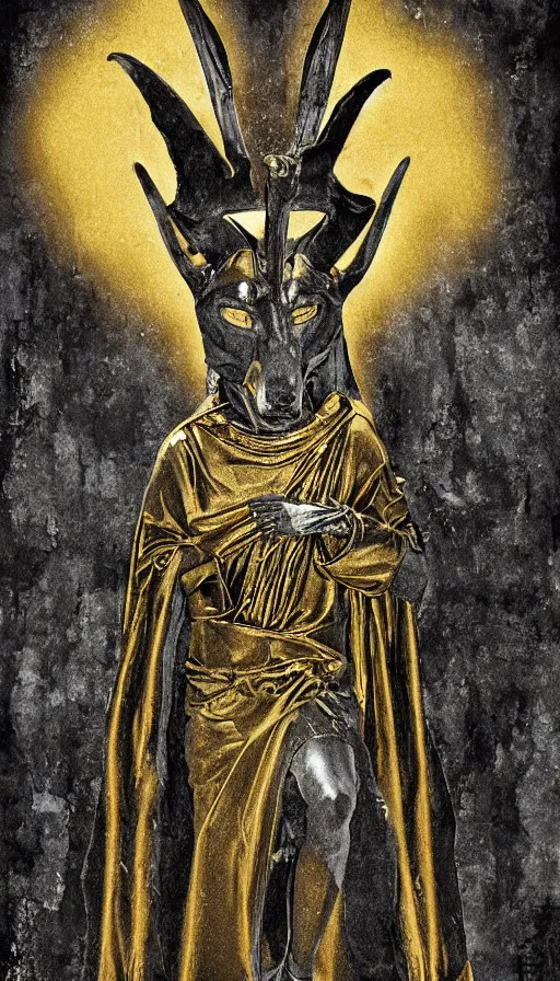 Image similar to obsidian Anubis wearing a gold-rimmed toga, in the style of Lee Jeffries